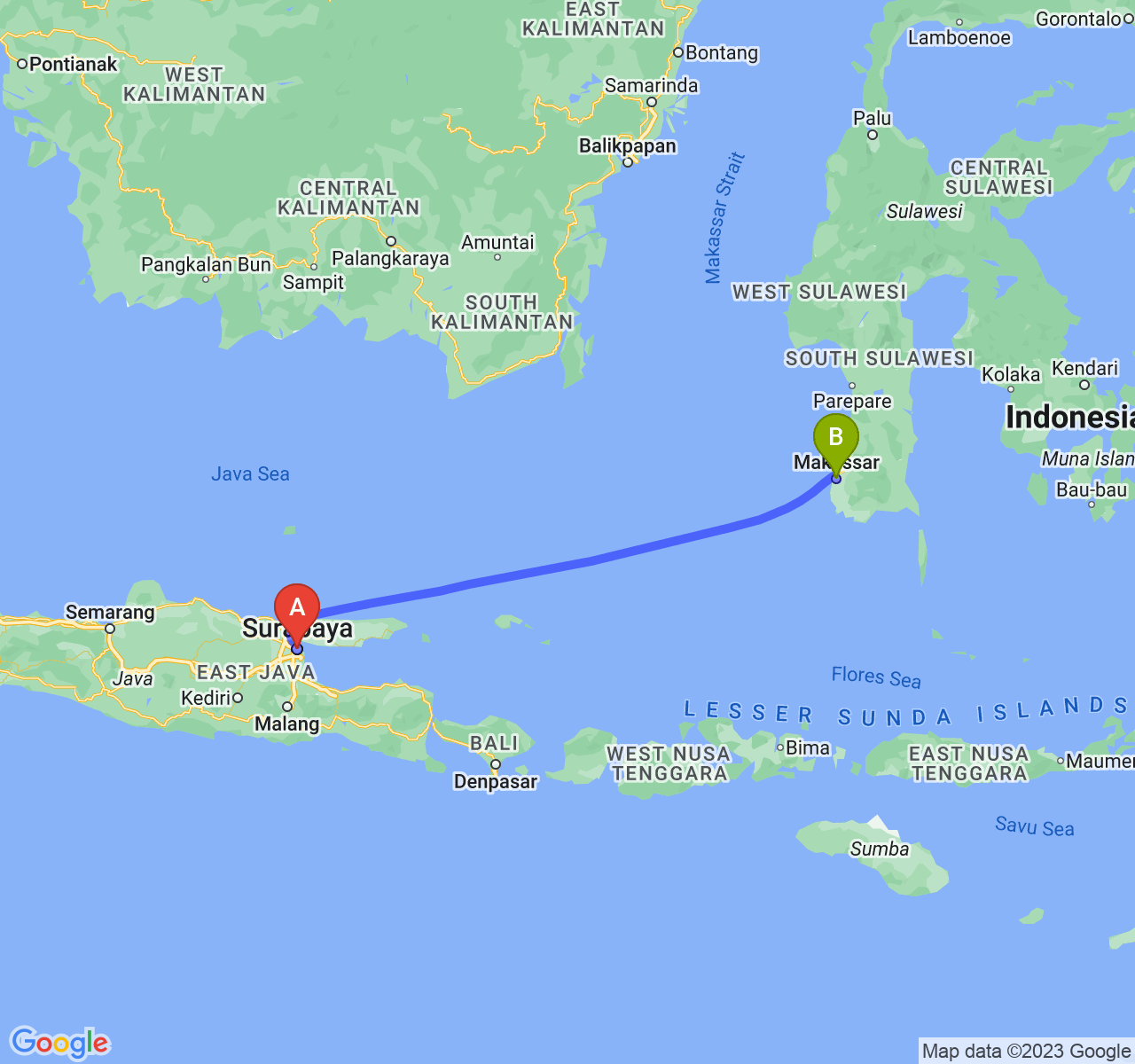 perjalanan dengan rute Kota Surabaya-Kota Makassar